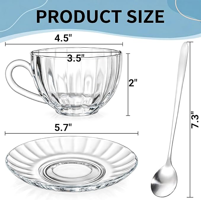 Noamus 6 Pack Glass Teacup and Saucer&Spoons Set, 5Oz/150ml Clear Coffee Mugs - Image 2