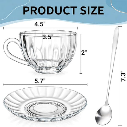 Noamus 6 Pack Glass Teacup and Saucer&Spoons Set, 5Oz/150ml Clear Coffee Mugs - Image 2