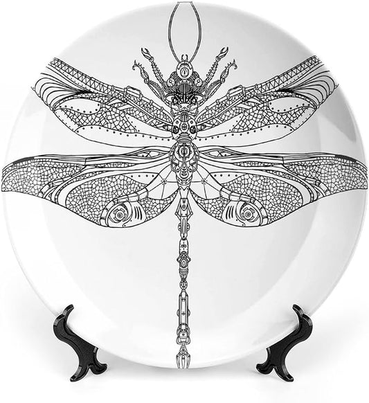 Decorative Plates, Abstract Print Ornament, Animal Steampunk Dragonfly Pattern, 7 Inch, 1 Plate with 1 Display Stand, Black White