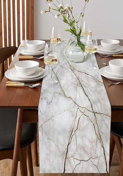 Marble Table Runner-Cotton Linen-Long 108 inche White Gray Gold Dresser Scarves - Image 4