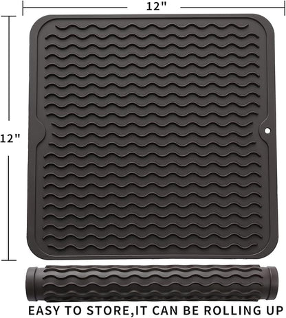 Silicone Dish Drying Mat for Multiple Usage,Easy clean,Eco-friendly,Heat-resistant Silicone Mat for Kitchen Counter or Sink,Refrigerator or Drawer liner Coffee M 12 inches x 12 inches