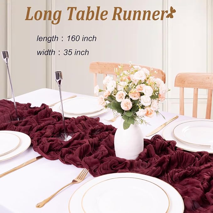 Burgundy Red Fall Thanksgiving Cheesecloth Table Runner 13.3FT Long Boho - Image 2