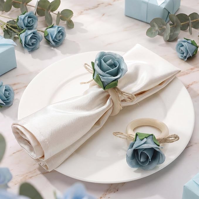 Flower Napkin Rings Set of 12 Wooden Dusty Blue Rose Handmade Napkin Holders - Image 3