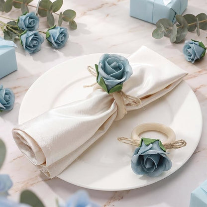 Flower Napkin Rings Set of 12 Wooden Dusty Blue Rose Handmade Napkin Holders - Image 3