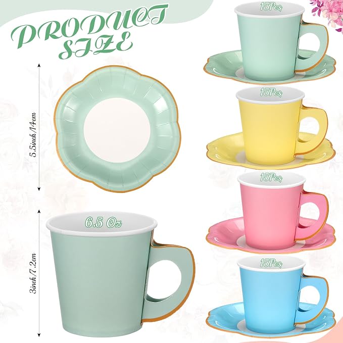 Umigy 60 Sets Pastel Tea Party Decorations 6.5 oz Paper Teacups & Saucer Set - Image 2