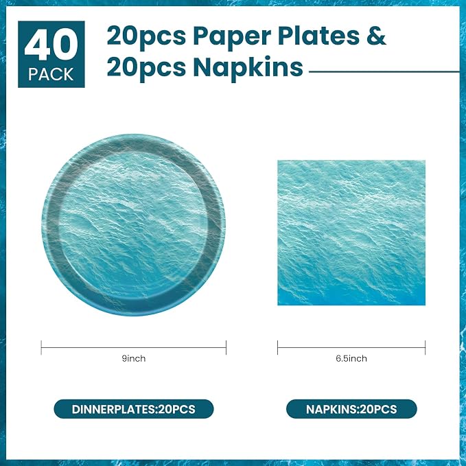 40 Pcs Ocean Sea Plates and Napkins, Ocean Party Supplies, Serves 20 | - Image 2