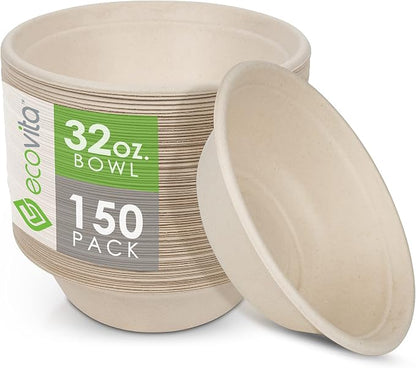 100% Compostable Paper Bowls – 150 Disposable Bowls Eco Friendly Sturdy Tree by Ecovita