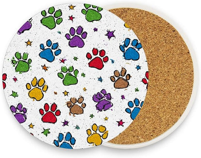 Coasters for Drinks Coaster Drink Set Decorative Coffee Table Desk Cup Mat Spring Cute Cork Bar Backing Round Home Decor Cute Colorful Paw Prints and Stars37