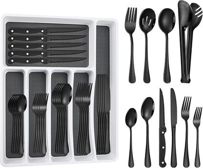 53PCS Silverware Set for 8 with Flatware Drawer Organizer, Stainless Steel Cutlery Set with Steak Knives, Include Spoons and Forks Set & Serving Utensils, Mirror Polished, Black