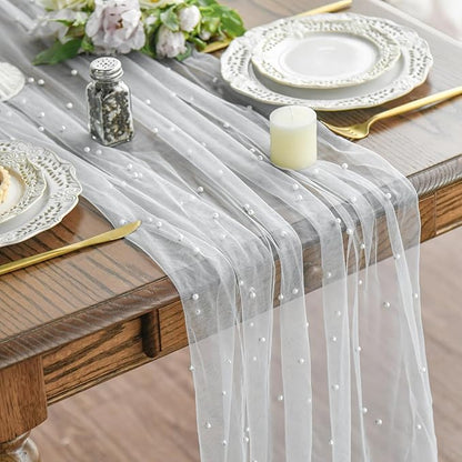 Artoid Mode 3PCS Pearl Gauze Table Runner 120 Inch 10FT, Seasonal Sheer Dining Holiday Wedding Birthday Baby Shower Table Decor for Home Party