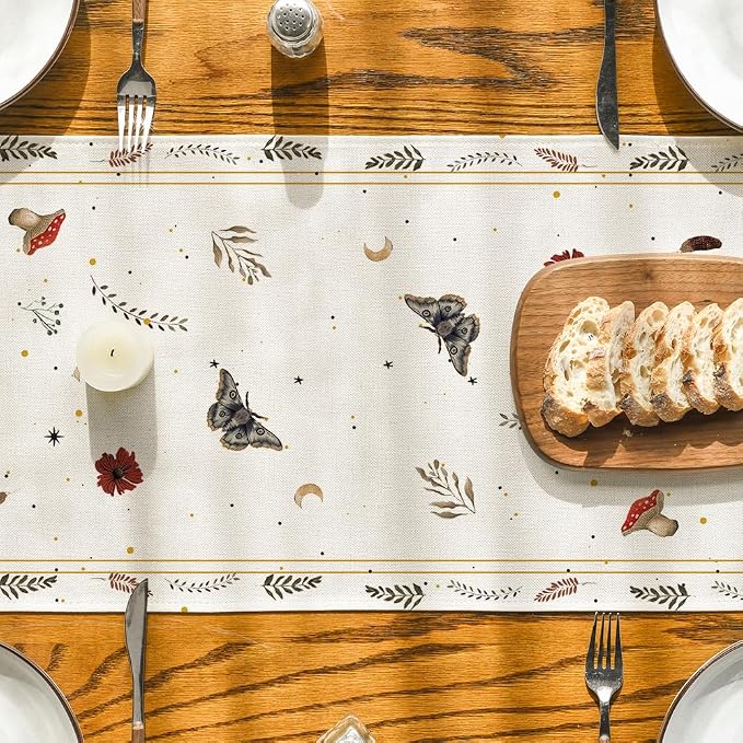 Artoid Mode Beige Poppy Moth Mushroom Moon Fall Table Runner, Seasonal Autumn - Image 3