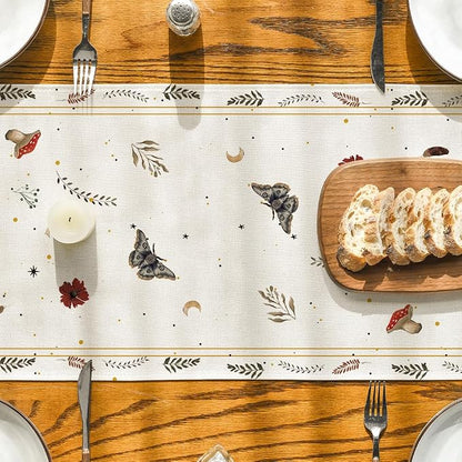 Artoid Mode Beige Poppy Moth Mushroom Moon Fall Table Runner, Seasonal Autumn - Image 3