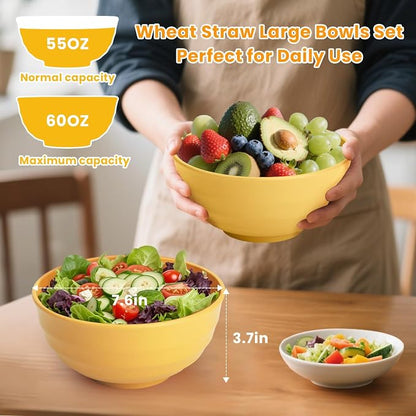 Sunshine Yellow Bowl Set of 8, 60 Oz Large Wheat Straw Bowls, Unbreakable Big - Image 2