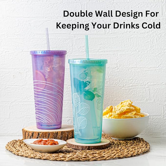 bzyoo 24oz Plastic Tumbler Cup, Lid & Straw, Iced Coffee, Pearl Green Leaf - Image 5