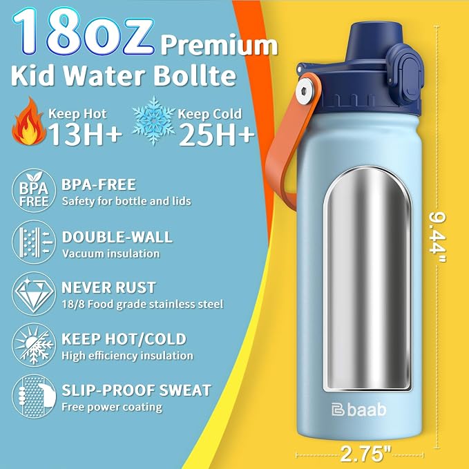 baab 18oz Kids Insulated Water Bottle 18/8 Stainless Steel Kids Cup 1 Pack | - Image 2