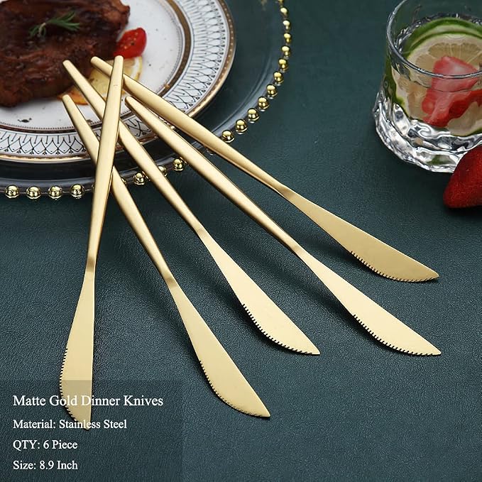 HOMQUEN Dinner Knives 6 Piece, Stainless Steel Matt Gold Dinner Knife, Sturdy - Image 2