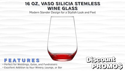 DISCOUNT PROMOS 10 Vaso Silicia Stemless Wine Glasses Set, 16 oz. - Clear, Orb-Like, Thick base - Red