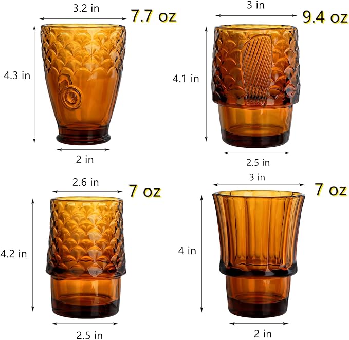 Frcctre Set of 4 Koi Fish Design Drinking Glasses, Stackable Amber Tumbler - Image 2