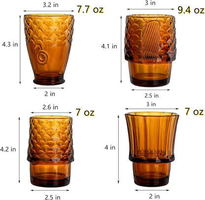Frcctre Set of 4 Koi Fish Design Drinking Glasses, Stackable Amber Tumbler - Image 2