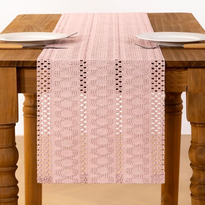 MLMC Pink Boho Table Runner Farmhouse Macrame Woven Table Runner 12x60 Inch | - Image 3