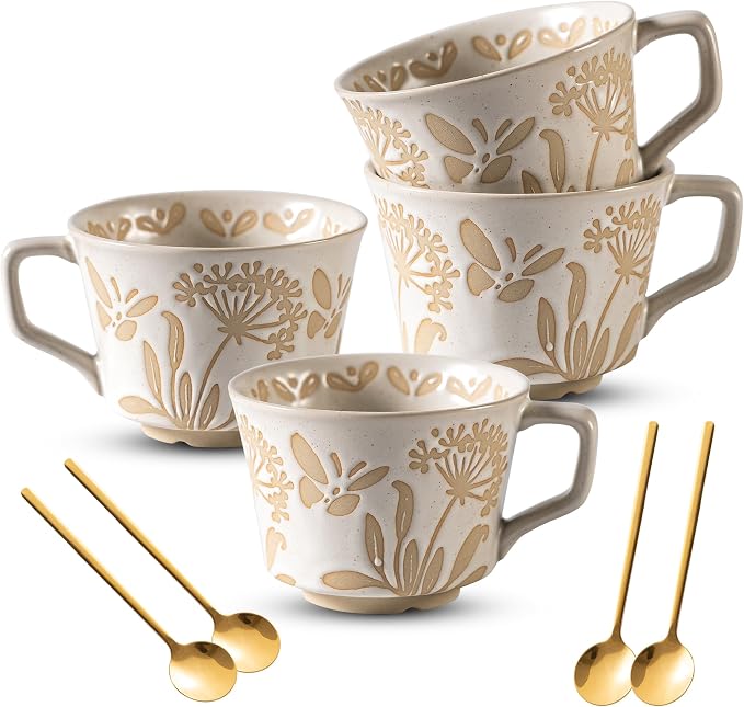 Coffee Mugs Set of 4 with Gold Spoon, 11 oz Porcelain Mug, Ceramic Tea Cups by Noevany