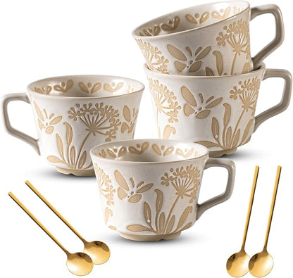 Coffee Mugs Set of 4 with Gold Spoon, 11 oz Porcelain Mug, Ceramic Tea Cups by Noevany