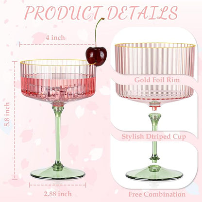 XUWAIDSGN 12 Pcs Champagne Martini Glasses 9 Oz with Gilded Removable Gold Rim Coupe Glasses Pink Martini Glasses Plastic Mimosa Vintage Coupe Glasses Set For Wedding Anniversary (12, Pink & Green)