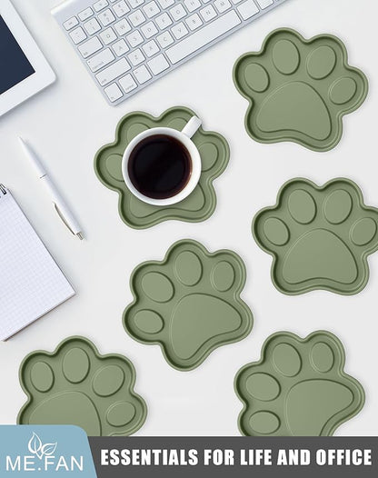 ME.FAN Silicone Coasters 6 Pack Paw Cup Mat with Holder, Dog Cat Paw Shape, for Hot or Cold Drink, Non-Slip, Non-Stick, Room Decor, Housewarming Olive Green