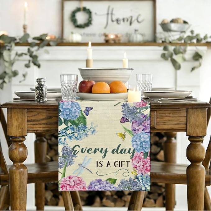 Every Day is A Gift Dragonfly Hydrangea Spring Table Runner 13x72 Inch | - Image 3
