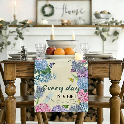 Every Day is A Gift Dragonfly Hydrangea Spring Table Runner 13x72 Inch | - Image 3