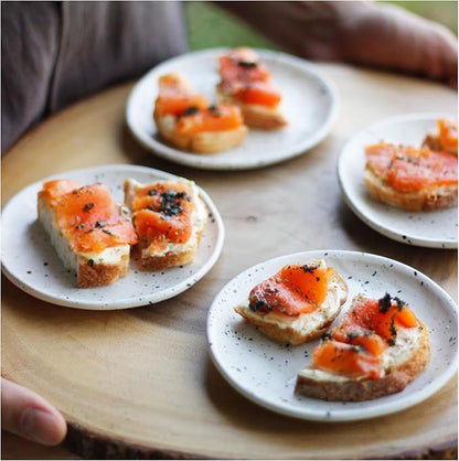 roro Ceramic Canape Plates, Set of 4, Matte White with Dark Speckles, Handmade, 5 Inches Wide