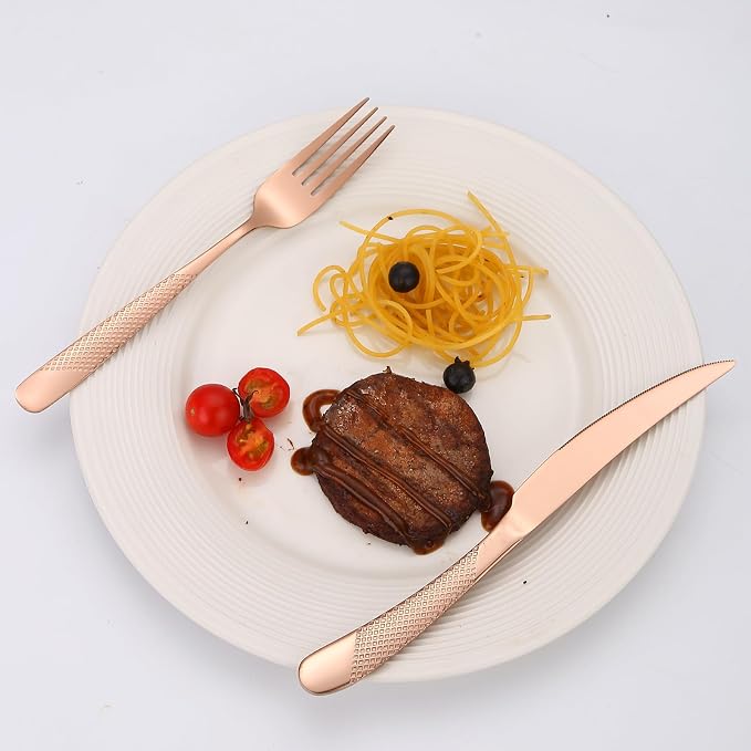 Hammered Flatware Set Copper/Rose Gold Silverware 20 Piece Stainless Steel - Image 7