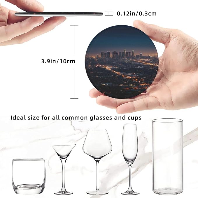 6Pcs PU Leather Coaster for Drinks, Los Angeles Skyline Cup Coasters - Image 2