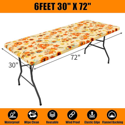 Smiry Plastic Thanksgiving Tablecloth, Sunflower & Pumpkin Wipeable Flannel Backed Vinyl Tablecloths for 6 Foot Tables, Waterproof Elastic Fitted Table Covers for Autumn Harvest (Gold, 30x72 Inches)