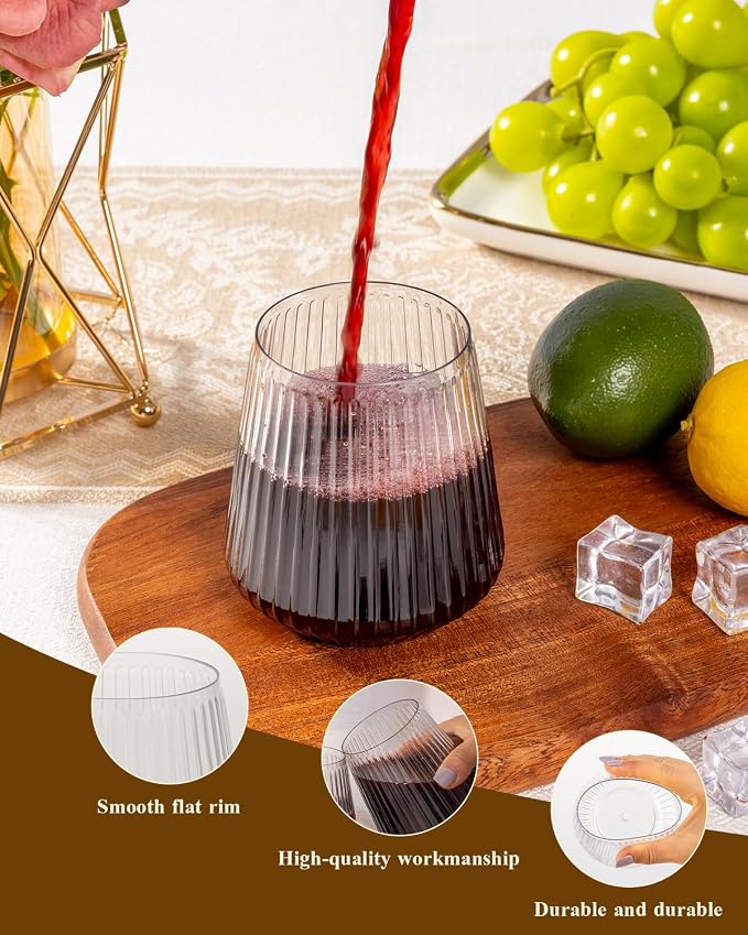 Goodluck 36 Pack 12oz Stemless Plastic Wine Glasses – Clear Ribbed Cups | - Image 3