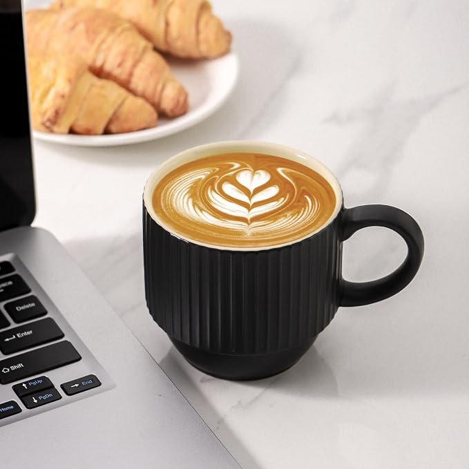 Hasense Black Coffee Mug Porcelain Set of 4 - 12 oz Stackable Coffee Cups - Image 7
