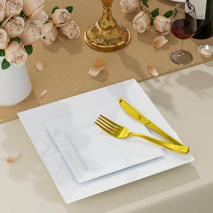 Goodluck 100 Pack Square Plastic Plates, Heavy Duty 50 Dinner Plates 9.5" and 50 Dessert Plates 6.5", Fancy Disposable Plates for Wedding, Holiday Party, Birthday, White