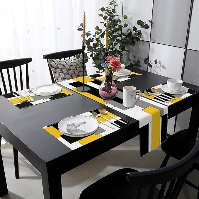 Table Runner and Placemats Set of 6, Abstract Geometric | Yellow Black Grey Art - Image 8