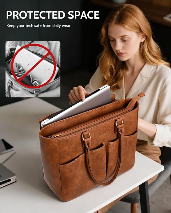 Laptop Tote Bag for Women, Leather Work Tote - Image 3