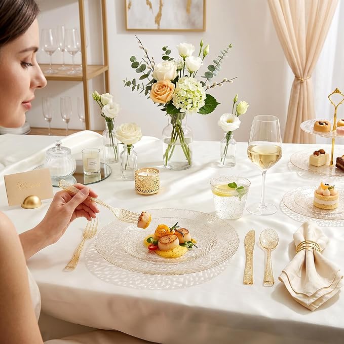 Rubtlamp 700Pcs Gold Glitter Plastic Dinnerware Set, Hammered Clear Plates - Image 6