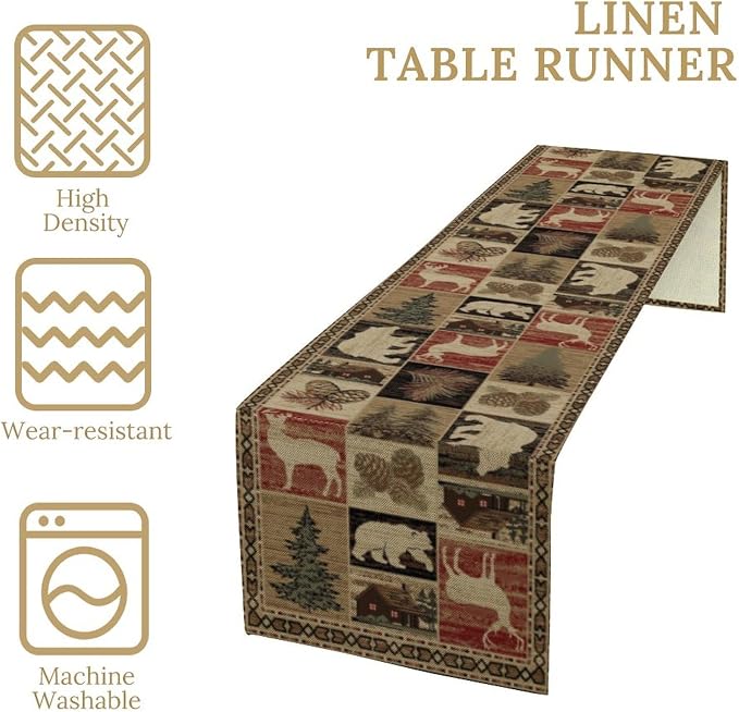 Retro Rustic Table Runner, Vintage Moose Deer Bear Leaf Tree Country Style - Image 4