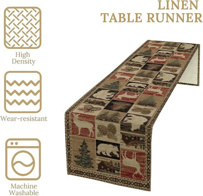 Retro Rustic Table Runner, Vintage Moose Deer Bear Leaf Tree Country Style - Image 4