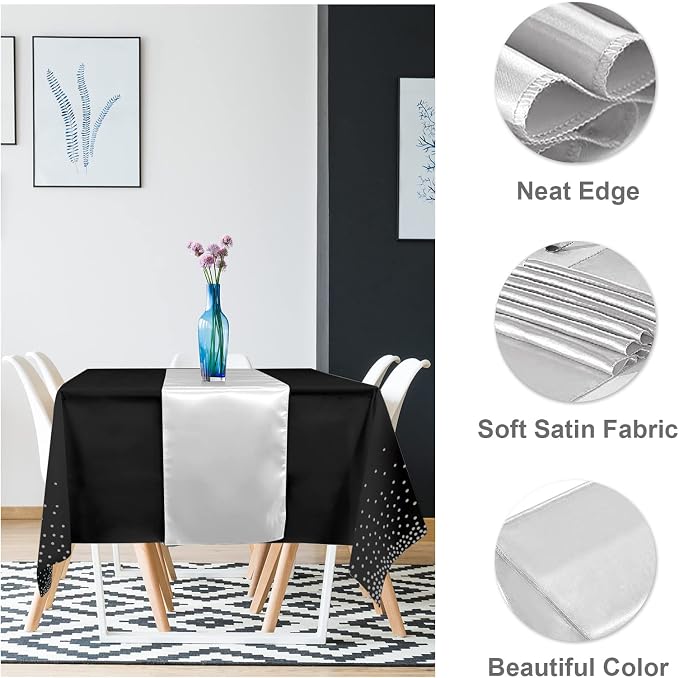 24Pack Disposable Plastic Tablecloths and Satin Table Runner Set Black and - Image 3