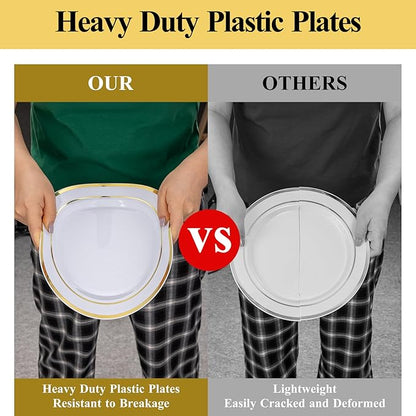 Goodluck 100PCS Gold Plastic Plates, 10.25 Inch Dinner Plate with Gold Rim, Heavy Duty Disposable Plastic Plates for Party, Wedding, Birthday & Daily Use