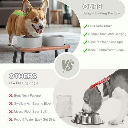 SPUNKYJUNKY Ceramic Elevated Dog Bowls Raised with Acacia Bamboo Wooden Stand, 6.1'' Dog and Cat Food Water Bowls Set Non-Slip for Small Medium Sized Breed Microwave Dishwasher Safe - 28.7 OZ,Grey