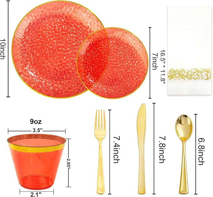 Rubtlamp 175 Pcs Plastic Dinnerware Set, Hammered Party Plates Set Include - Image 2