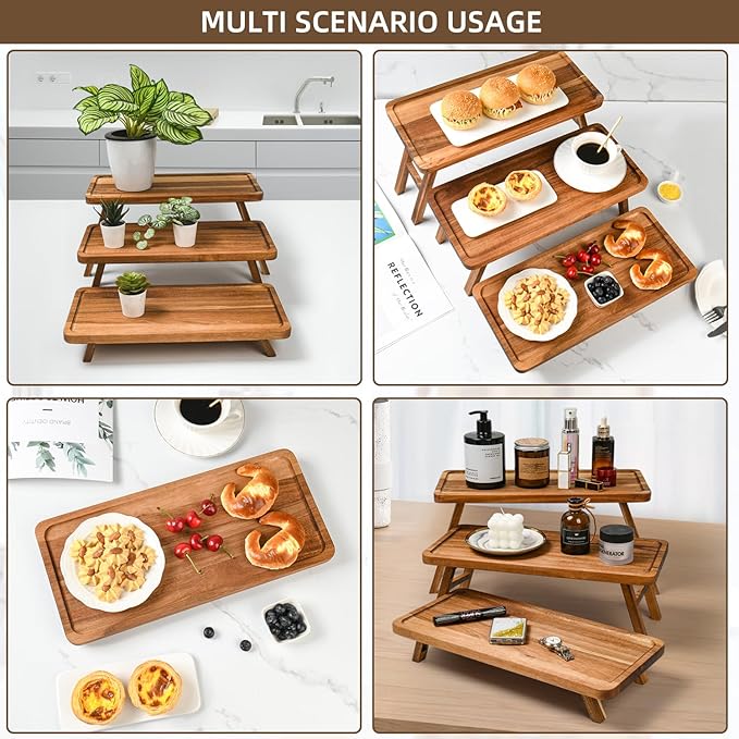 GEHE 3 Tier Serving Stand, Acacia Wood Dessert Table Display Cupcake Stand, Rustic Foldable 3-Tiered Serving Trays & Platters, Large Charcuterie Board for Birthday Wedding Bridal Shower Tea Party