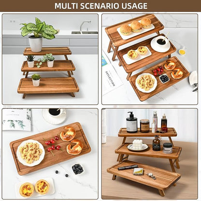 GEHE 3 Tier Serving Stand, Acacia Wood Dessert Table Display Cupcake Stand, Rustic Foldable 3-Tiered Serving Trays & Platters, Large Charcuterie Board for Birthday Wedding Bridal Shower Tea Party
