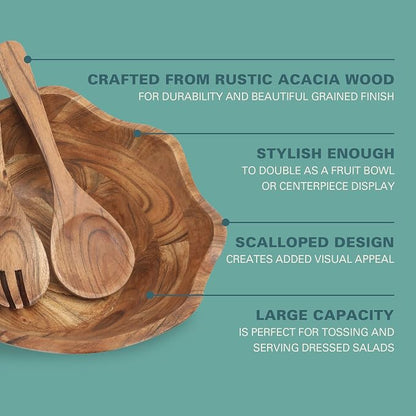 Gibson Home Sandhurst 3-Piece Acacia Wood Salad Bowl Set – 12-Inch Scalloped - Image 3