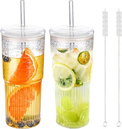 22oz Glass Tumblers with Glass Lids and Straws by SUROQUE
